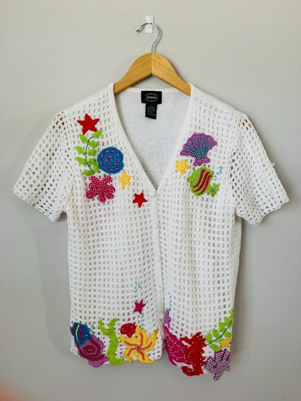 Designers Studio Originals Vintage Novely Sweater Womens M Crochet Short Sleeve